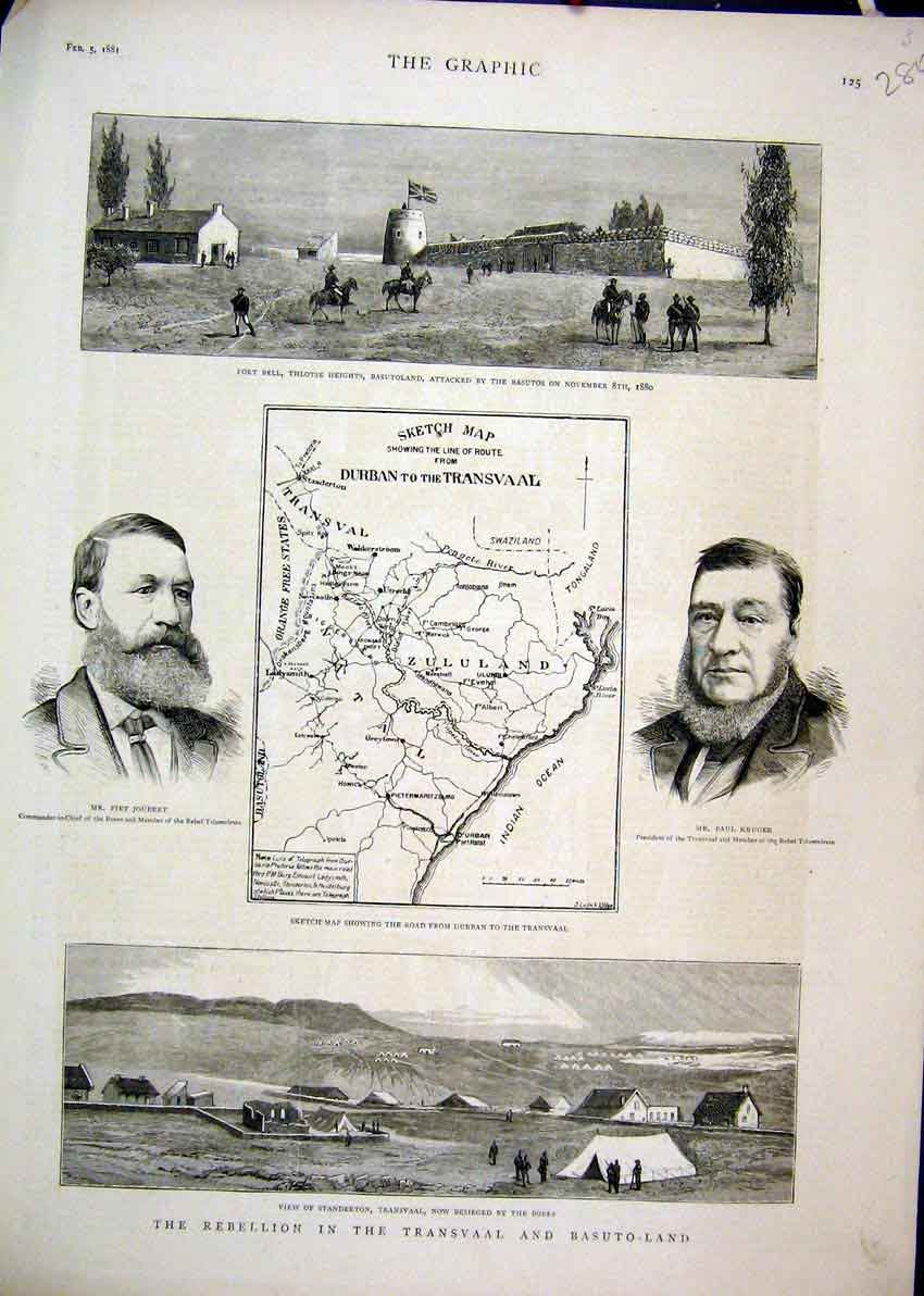 Original Old Antique Print 1881 Transvaal Basuto-Land Joubert Kruger Fort Bell