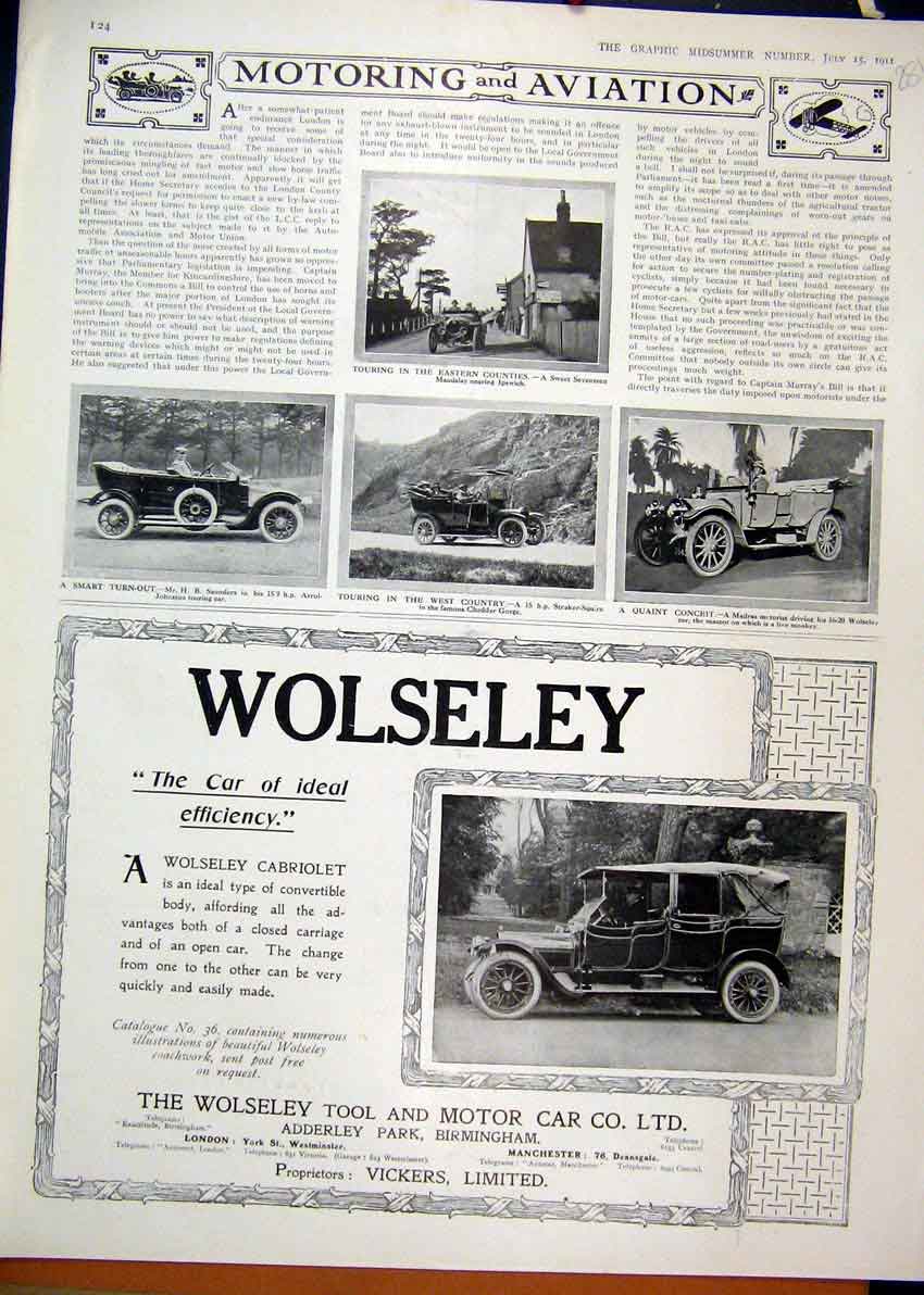 Original Old Antique Print 1911 Advert Wolseley Motor Car Straker Squire Madras
