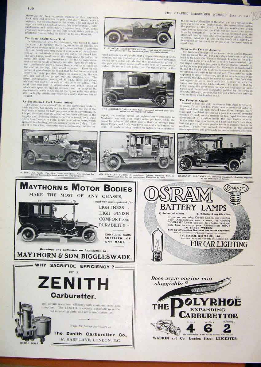 Original Old Antique Print 1911 Advert Osram Battery Lamps Maythorn Motor Bodies