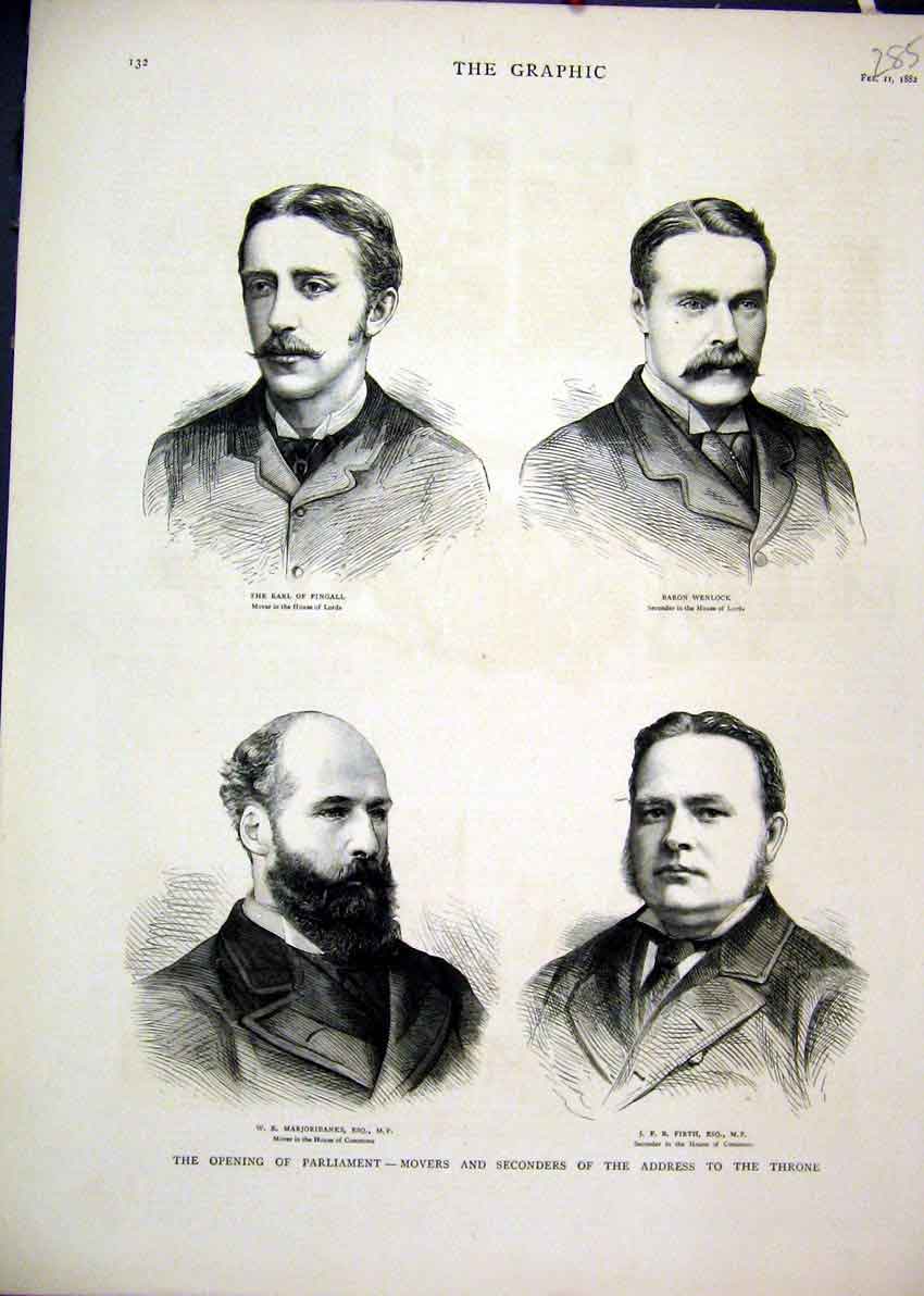 Original Old Antique Print 1882 Parliament Portraits Firth Fingall Wenlock Mover