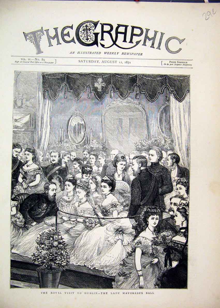 Old Antique Print Royal Visit Dublin 1871 Lady Mayoress Ball Party Dance 19th