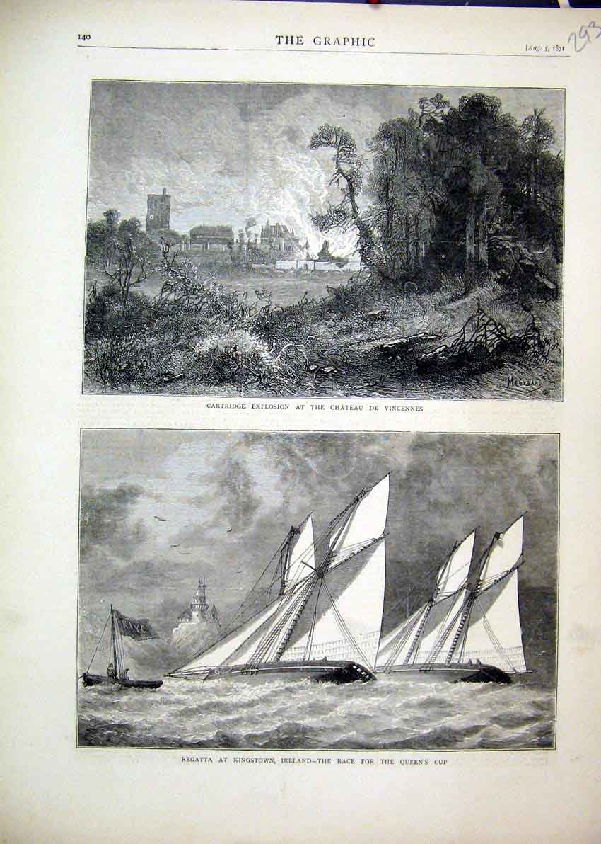 Old Antique Print 1871 Regatta Kingstown Ireland Race Explosion Vincennes 19th