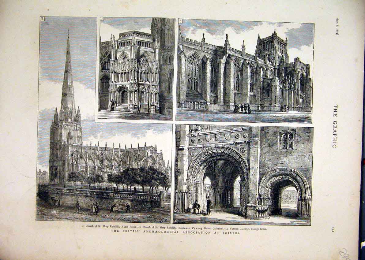Original Old Antique Print 1874 British Archaeological Bristol Church Cathedral
