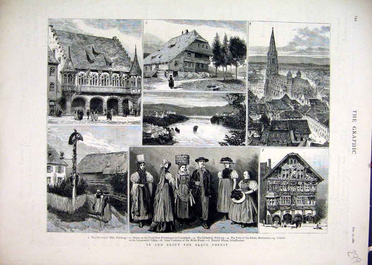 Original Old Antique Print 1882 Black Forest Merchants Hall Cathedral Freiburg