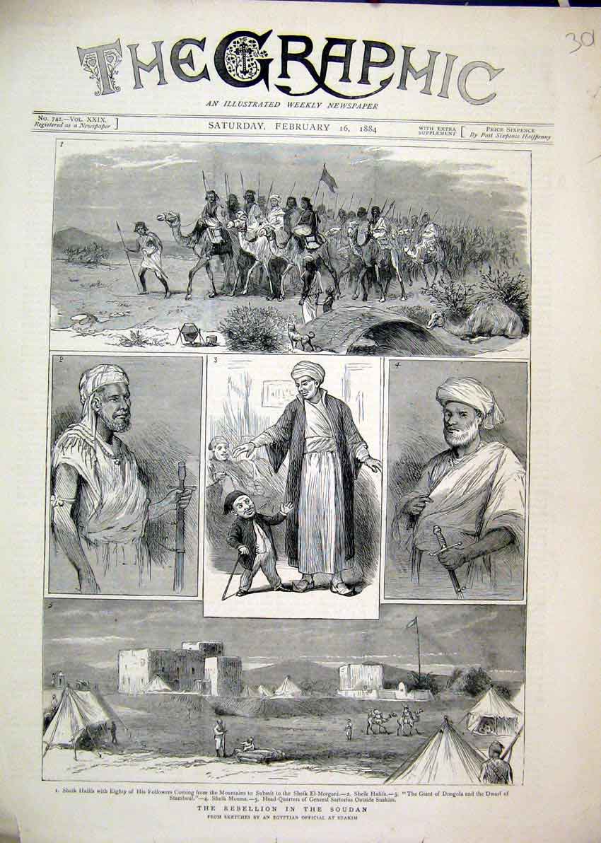 Original Old Antique Print 1884 Rebellion Soudan Sheik Halifa General Sartorius