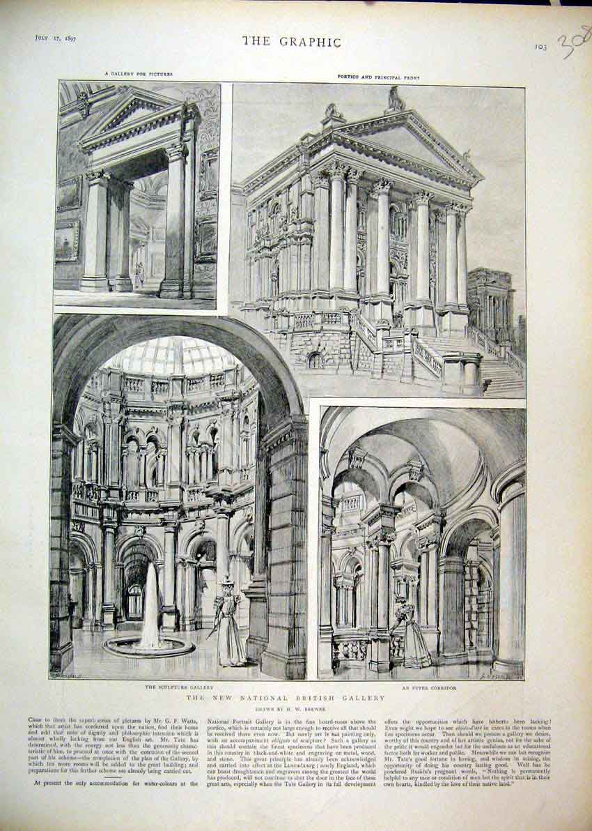 Original Old Antique Print 1897 National British Gallery Sculpture Portico Front