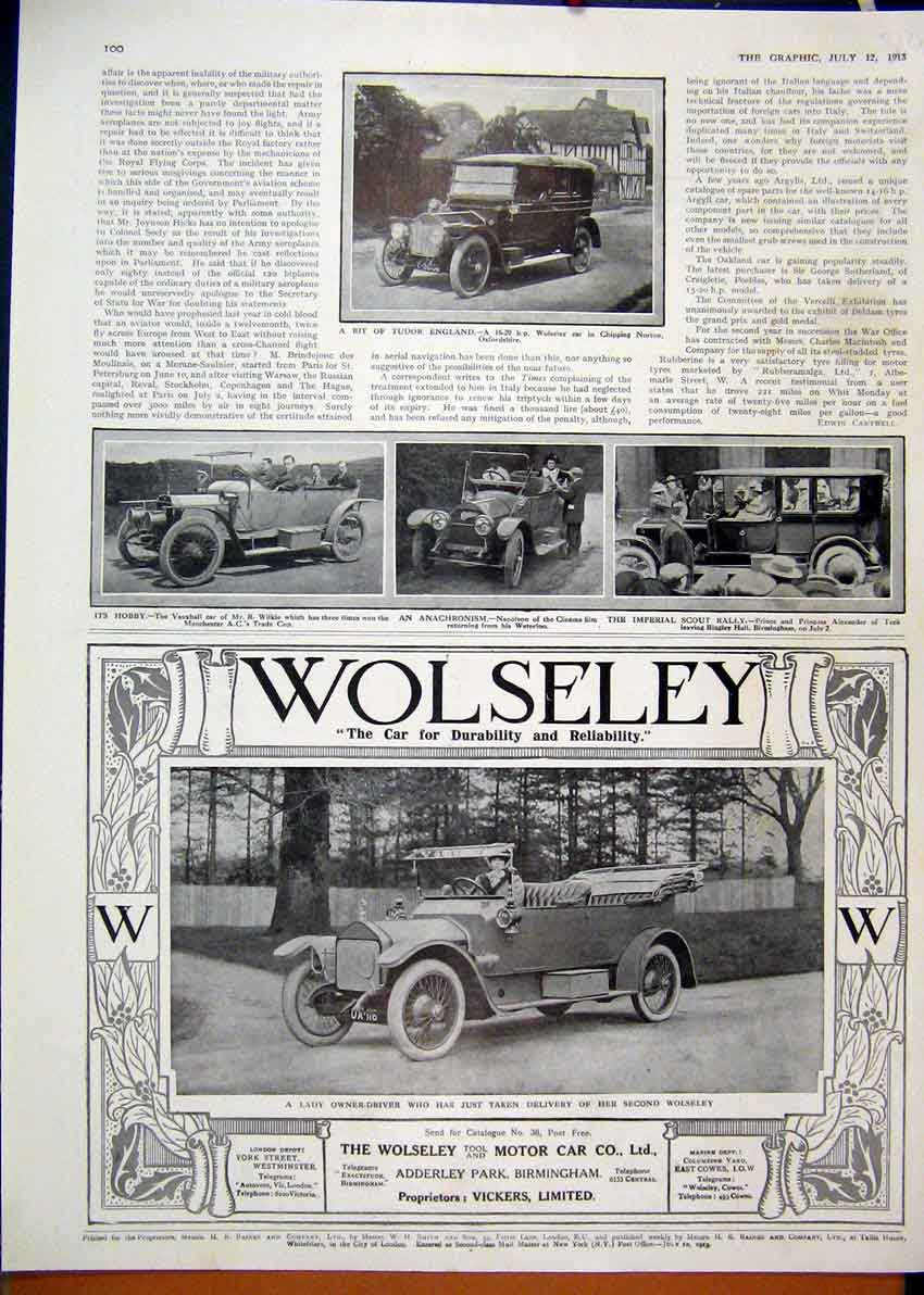 Original Old Antique Print 1913 Advert Wolseley Motor Car Vauxhall Scout Rally