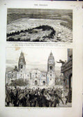 Original Old Antique Print 1880 Revolution Peru Plaza Lima Severe Weather France
