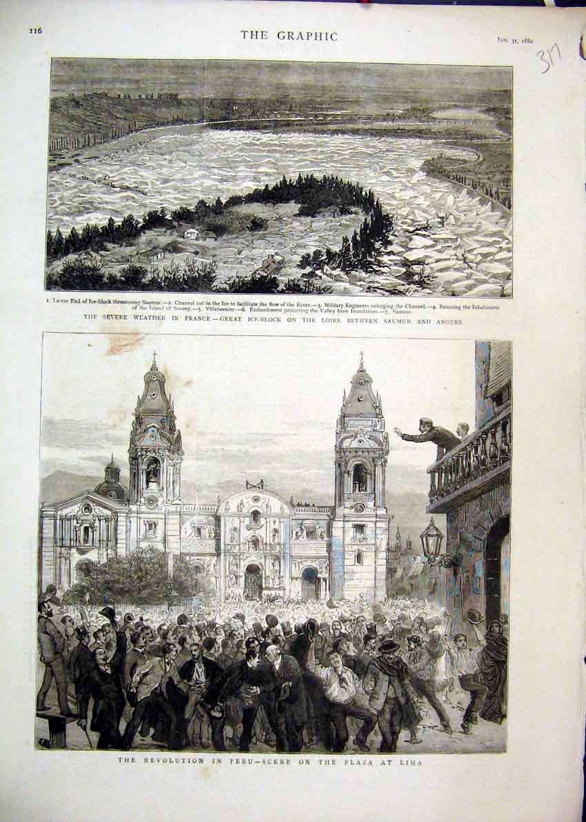 Original Old Antique Print 1880 Revolution Peru Plaza Lima Severe Weather France