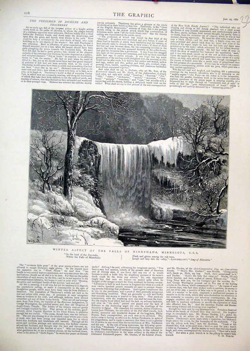 Original Old Antique Print Scene Winter Aspect Falls Minnehaha Minnesota 1881