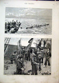 Original Old Antique Print 1885 Oxford Crew English Channel Flags Spithead Ship