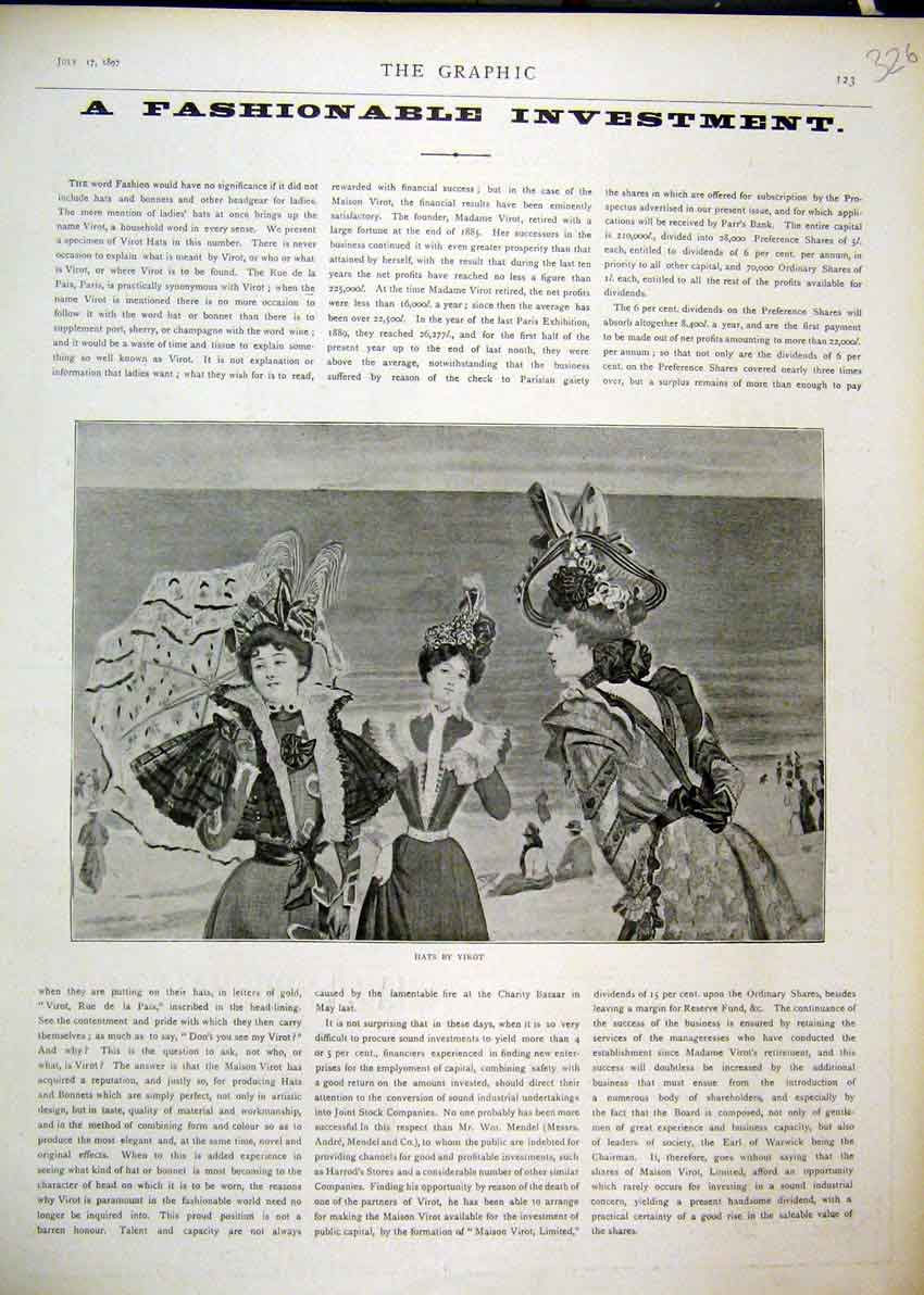 Original Old Antique Print 1897 Womens Fashion Hats Virot Parasol Beach Scene