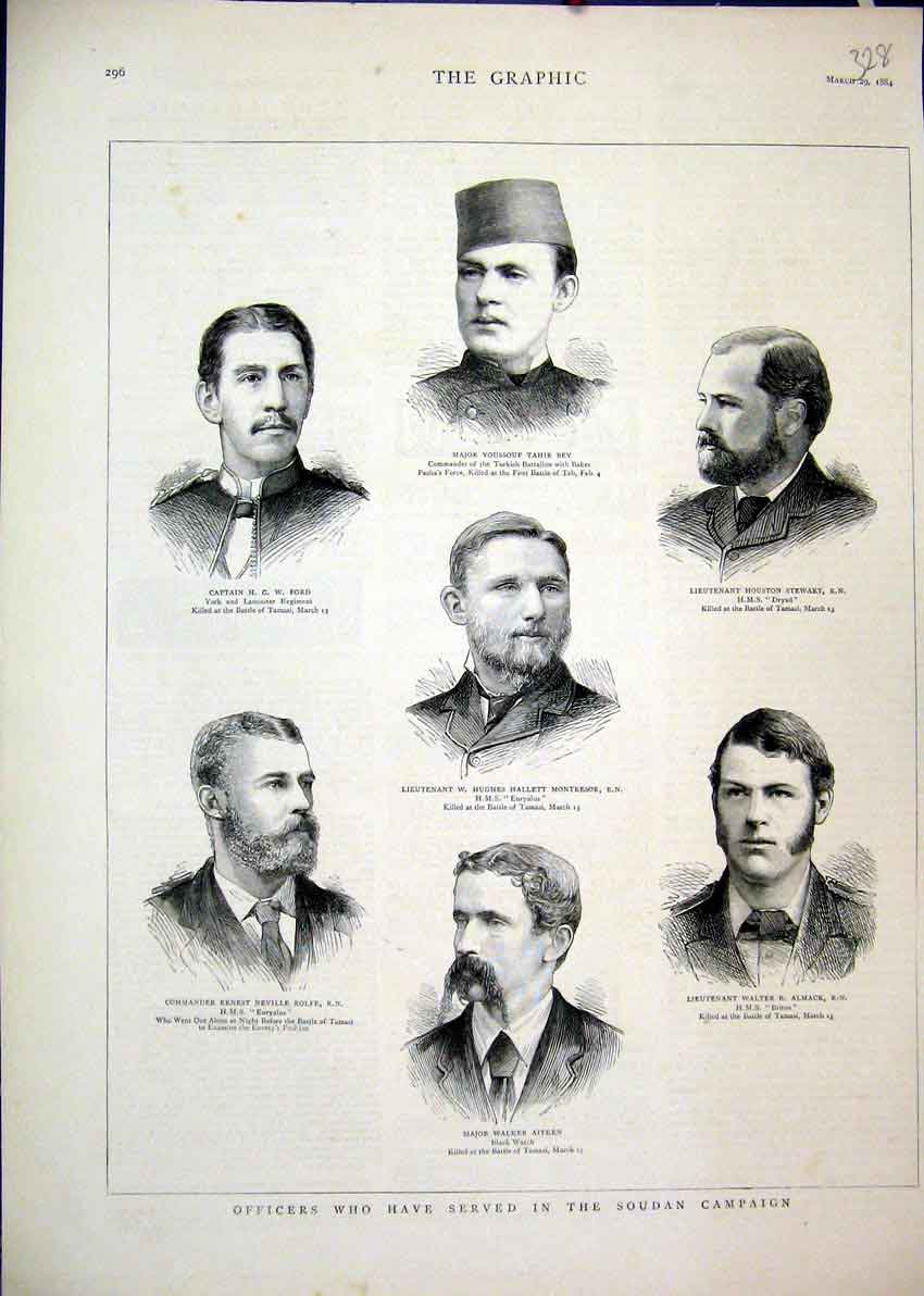 Original Old Antique Print Officers Serving Soudan Campaign 1884 Aitken Almack