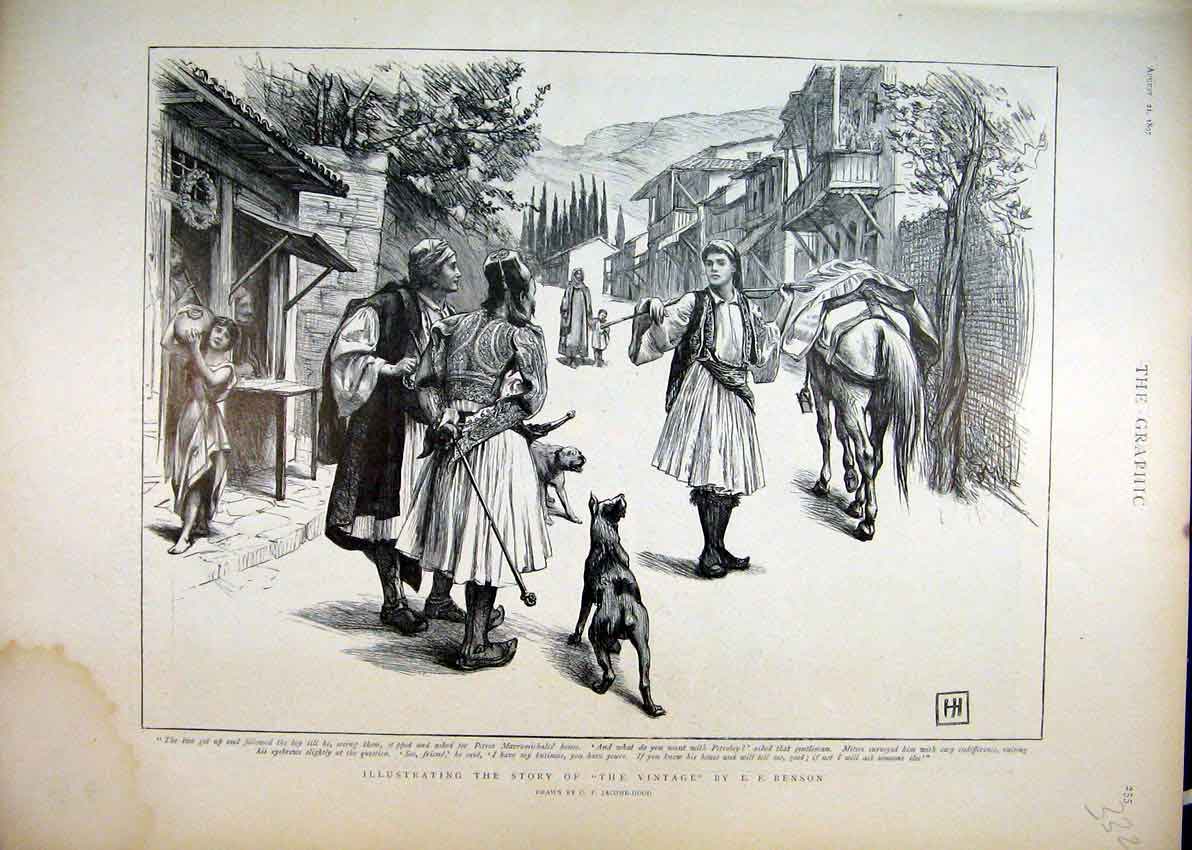 Original Old Antique Print 1897 Benson Street Scene Horse Dog Boy Water 19th