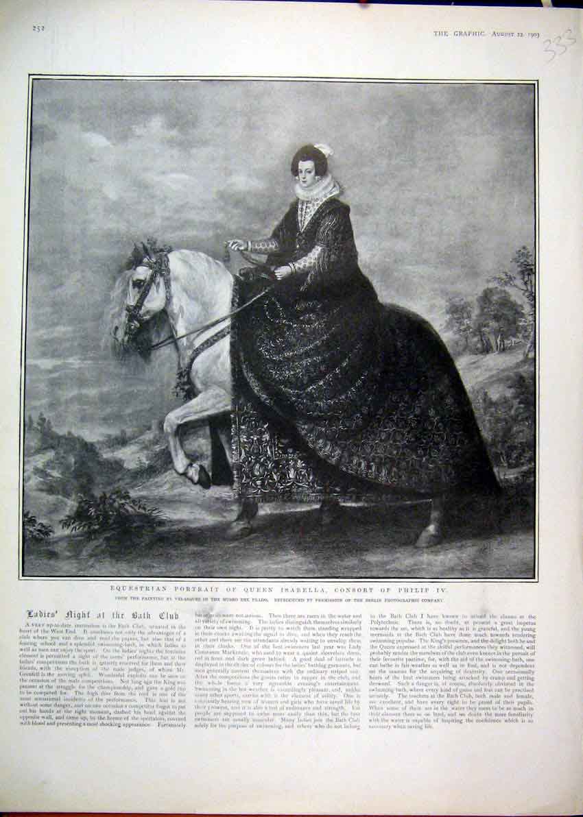 Old Antique Print 1903 Equestrian Portrait Queen Isabella Consort Philip 20th