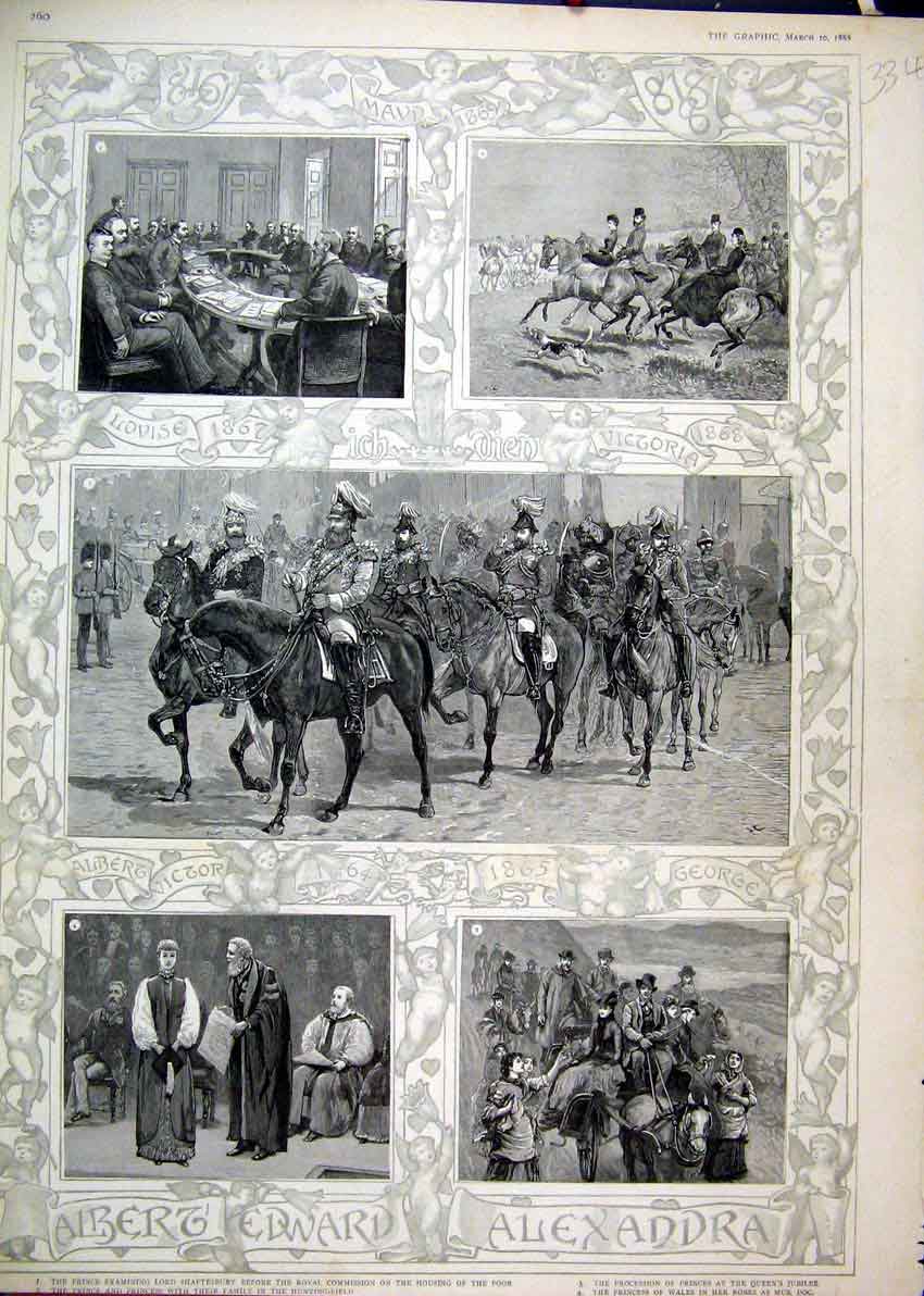 Old Antique Print 1888 Prince Albert Alexandra Queen Jubilee Hunting Robe 19th