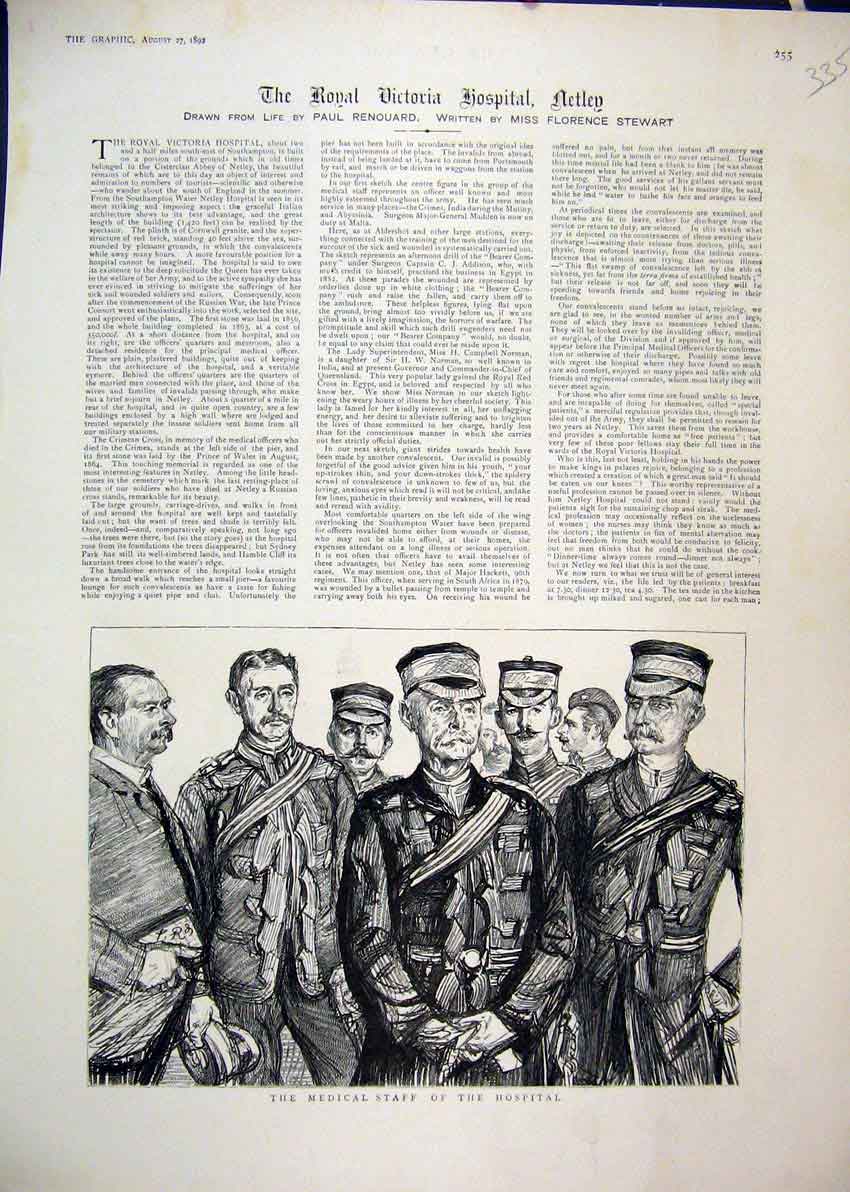 Original Old Antique Print 1892 Sketch Medical Staff Hospital Doctors Uniform