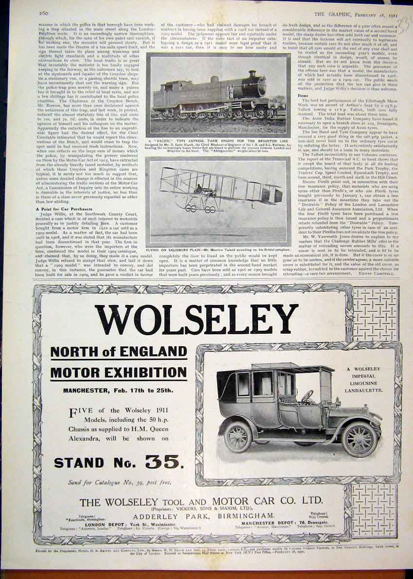 Original Old Antique Print 1911 Advert Wolseley Tool Motor Car Bristol Aeroplane