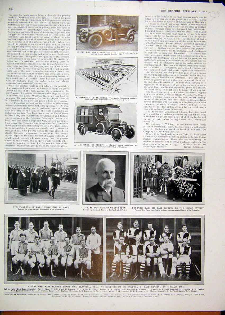 Original Old Antique Print 1914 Hockey Teams Cheltenham Sport Funeral Deroulede