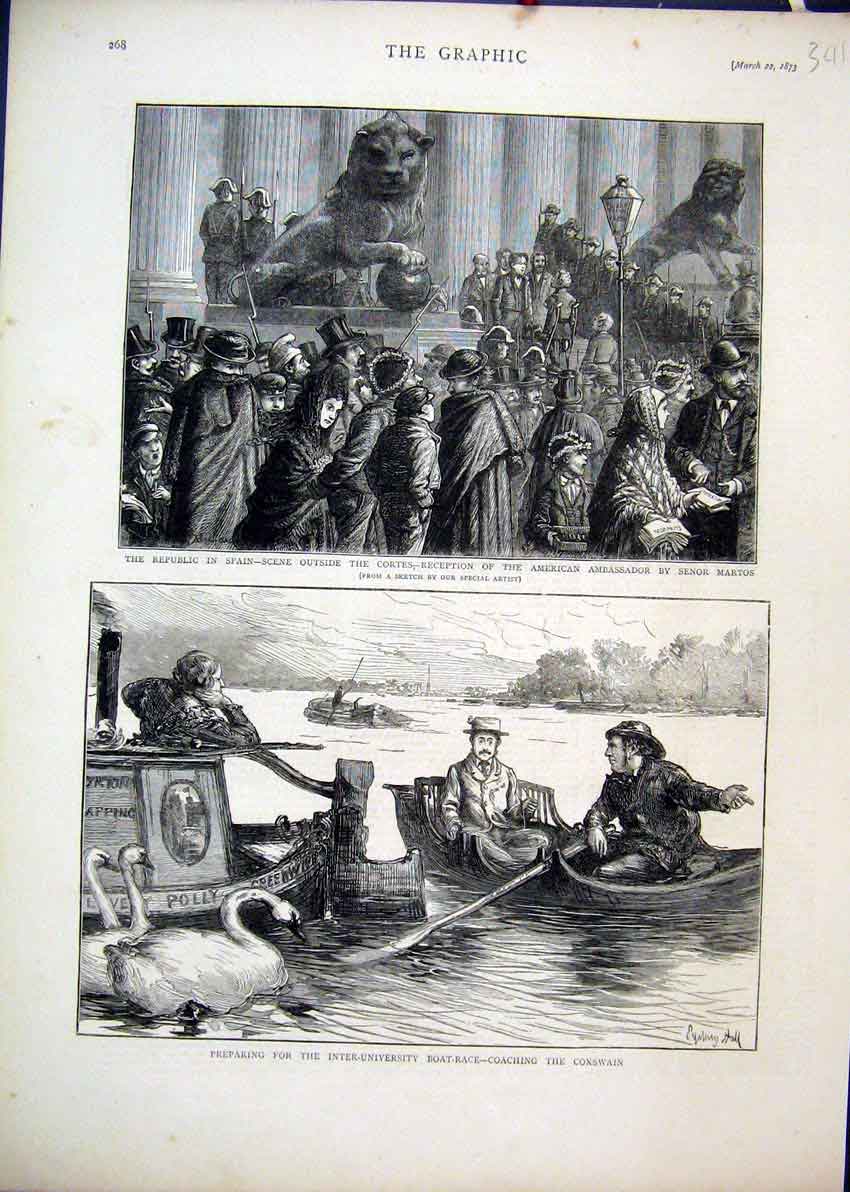 Original Old Antique Print 1873 Spain Cortes Senor Martos University Boat Race