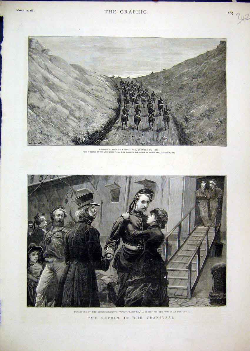 Original Old Antique Print 1881 Revolt Transvaal Wharf Portsmouth Laings Neck