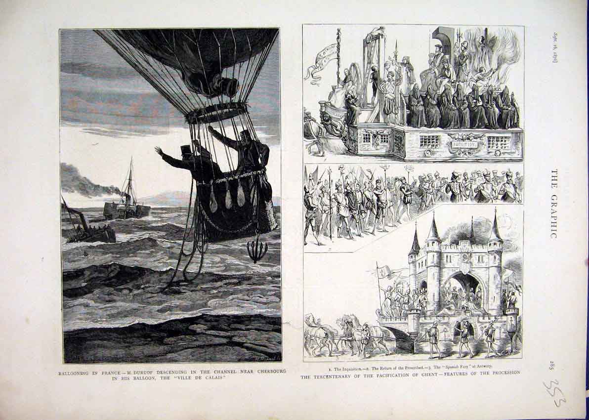 Original Old Antique Print Ballooning France 1876 Pacification Ghent Procession