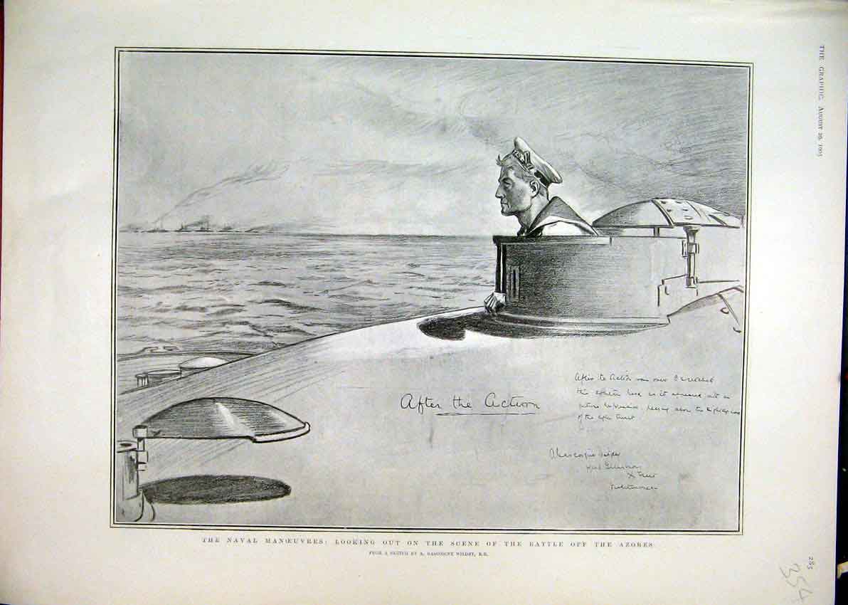 Original Old Antique Print Naval Manoeuvres 1903 Battle Azores Submarine Sailor