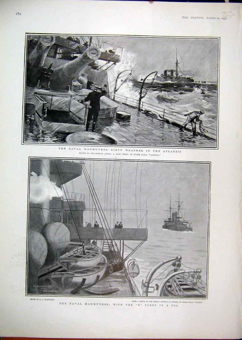 Original Old Antique Print Naval Manoeuvres X Fleet Stormy Weather Atlantic 1903