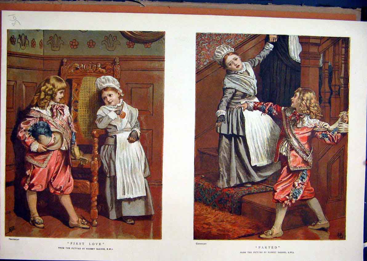 Original Old Antique Print Children Colour 1887 Playing Stairs Chair Romance