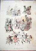 Original Old Antique Print New Years Day Paris C1800 Colour Dancing Presents