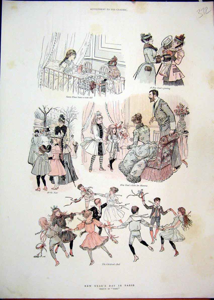 Original Old Antique Print New Years Day Paris C1800 Colour Dancing Presents