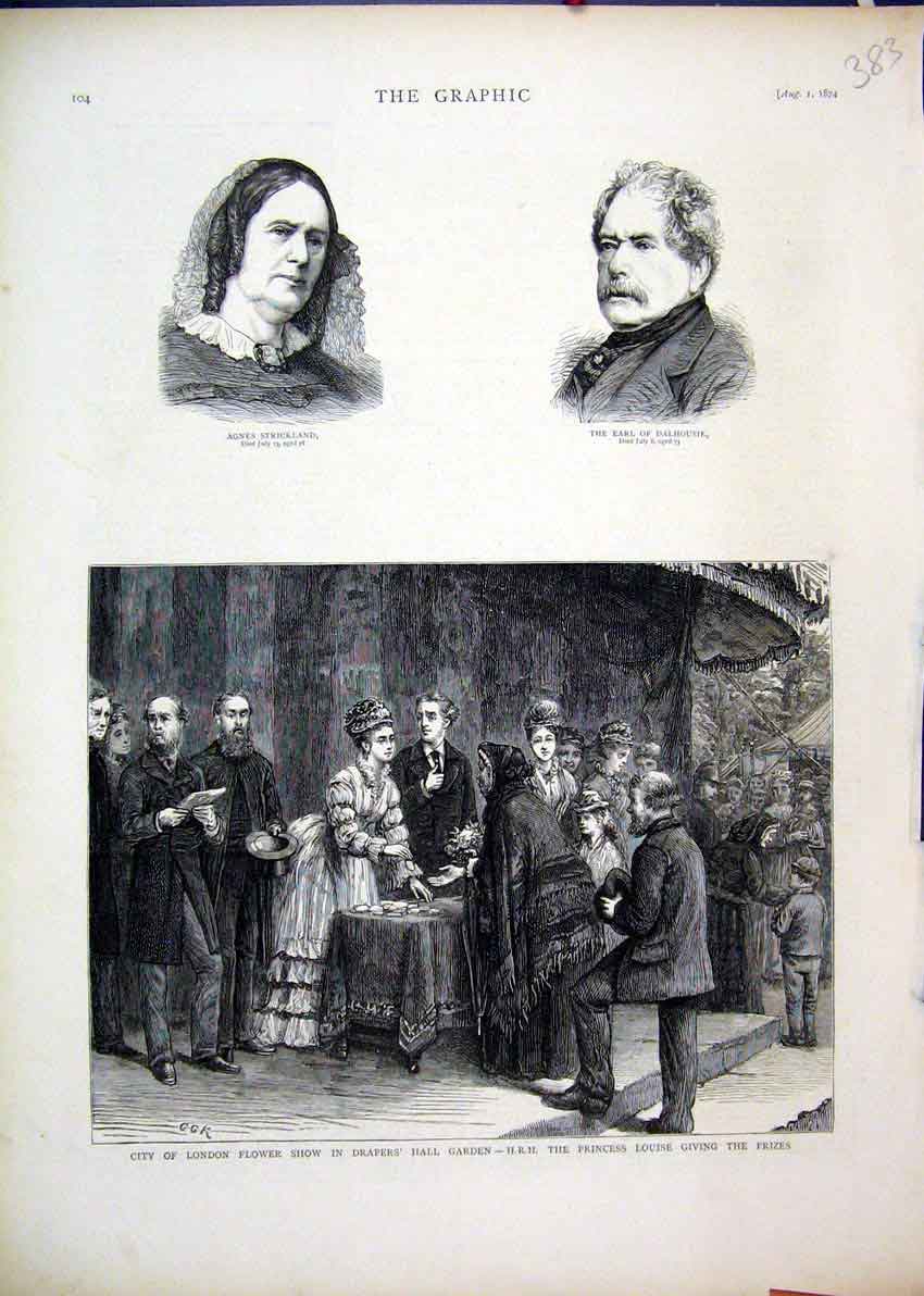Original Old Antique Print London Flower Show 1874 Drapers Hall Garden Louise