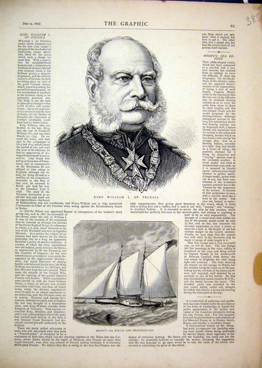 Old Antique Print 1870 Portrait King William Prussia Telegraph Ship Moody 19th
