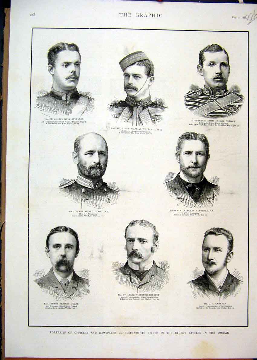 Original Old Antique Print 1885 Portraits Officers Killed Battle Soudan Darley