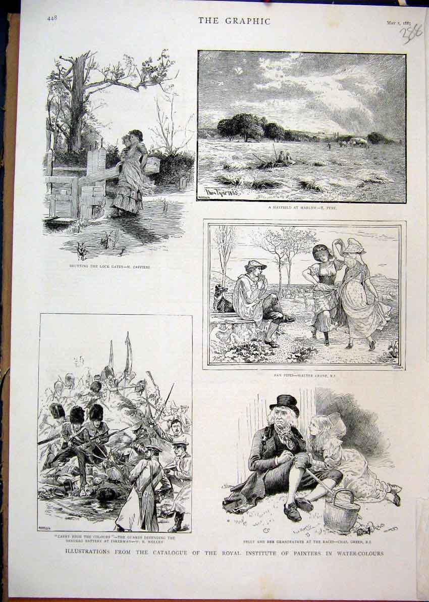 Original Old Antique Print Pan Pipes Music 1885Lock Gates Hayfield Marlow Guards