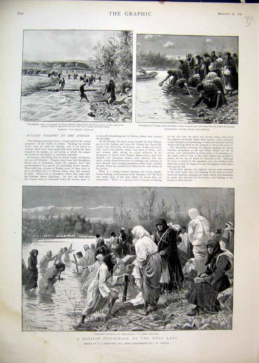 Original Old Antique Print 1897 Russian Pilgrimage Holy Island Jordan Shrouds