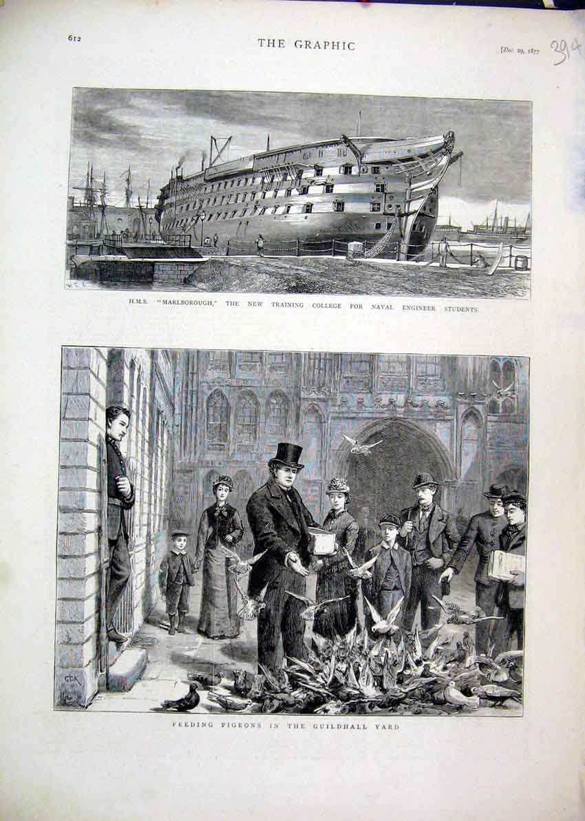 Original Old Antique Print Pigeons Guildhall Yard 1877 Marlborough College Naval