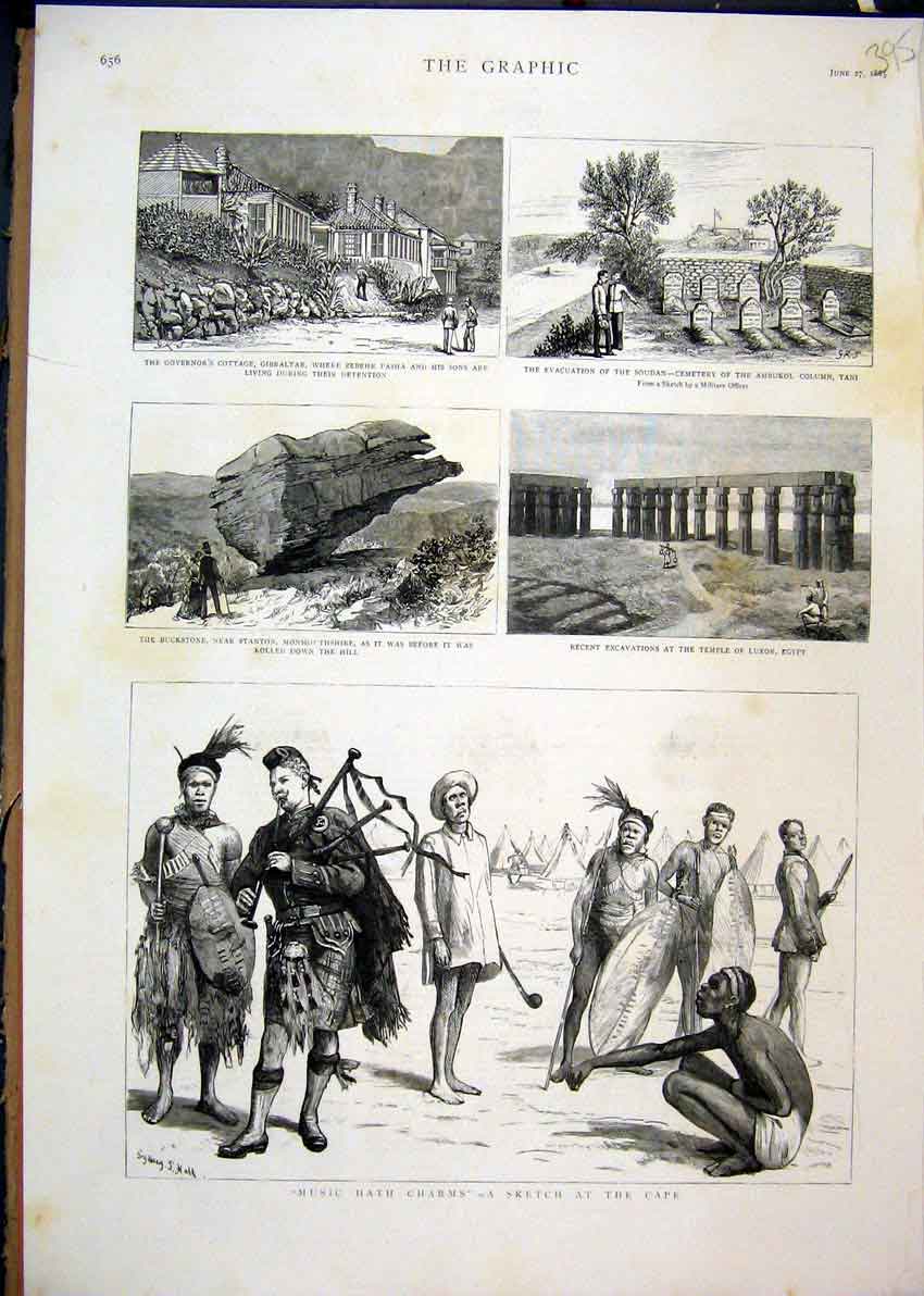 Original Old Antique Print 1885 Temple Luxor Soudan Cemetry Buckstone Stanton