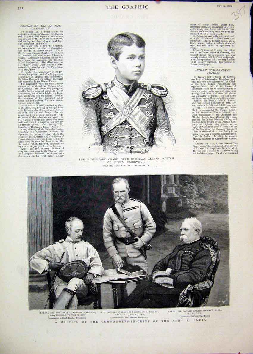 Original Old Antique Print 1884 Commanders Army India Grand Duke Nicholas Russia
