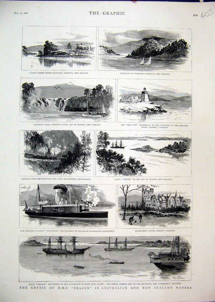 Old Antique Print 1886 H.M.S Nelson Australian Water Waitangi Falls River 19th