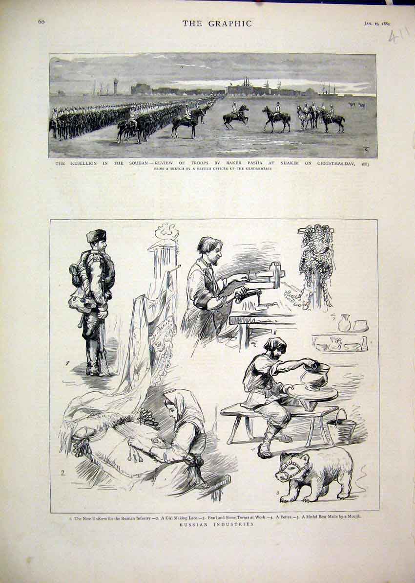 Old Antique Print 1884 Russian Industries Lace Pearl Potter Soudan Pasha 19th
