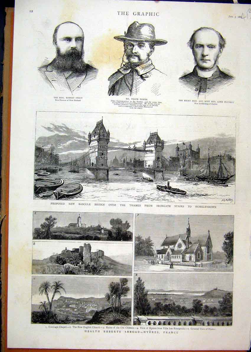Original Old Antique Print 1885 Health Resorts Hyeres France Thames River Bridge