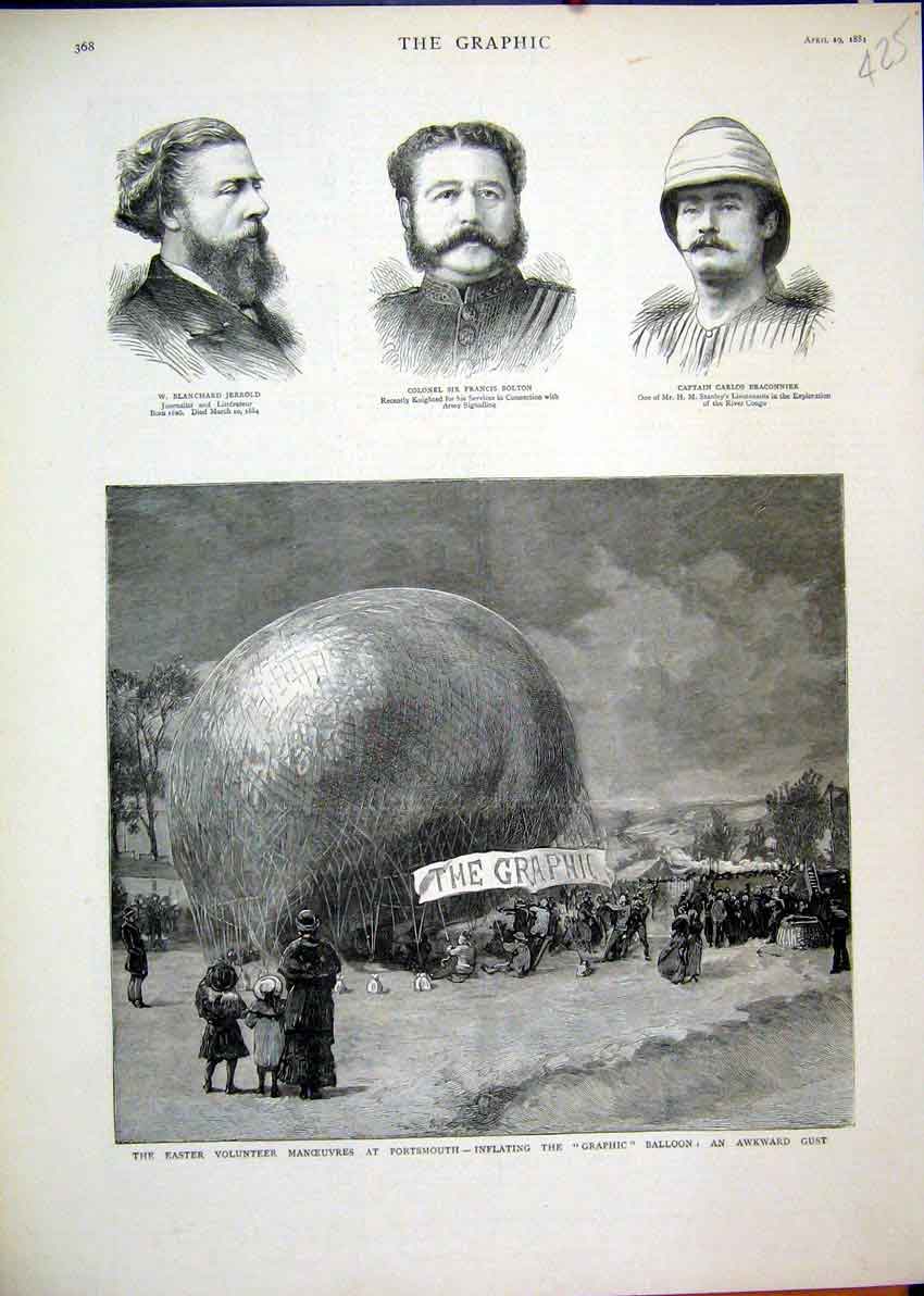 Original Old Antique Print Portsmouth 1881 Inflating Graphic Balloon Bolton Army