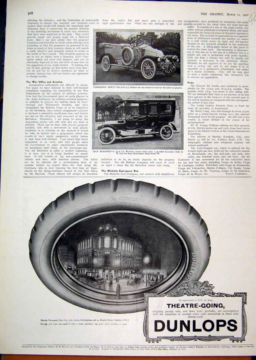 Old Antique Print 1911 Advert Dunlop Tyres Pneumatic Limousine Dodson Car 20th