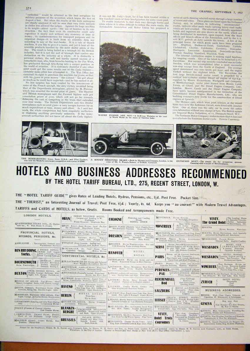 Old Antique Print 1912 Advert Hotels Business Tariff Guide Wolseley Motor 20th