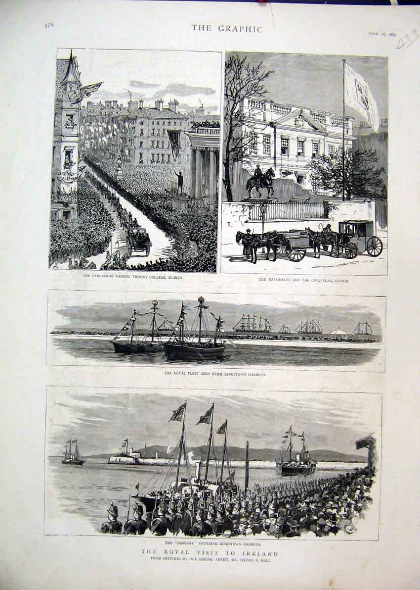 Old Antique Print 1885 Royal Visit Ireland Osborne Trinity College Civic 19th