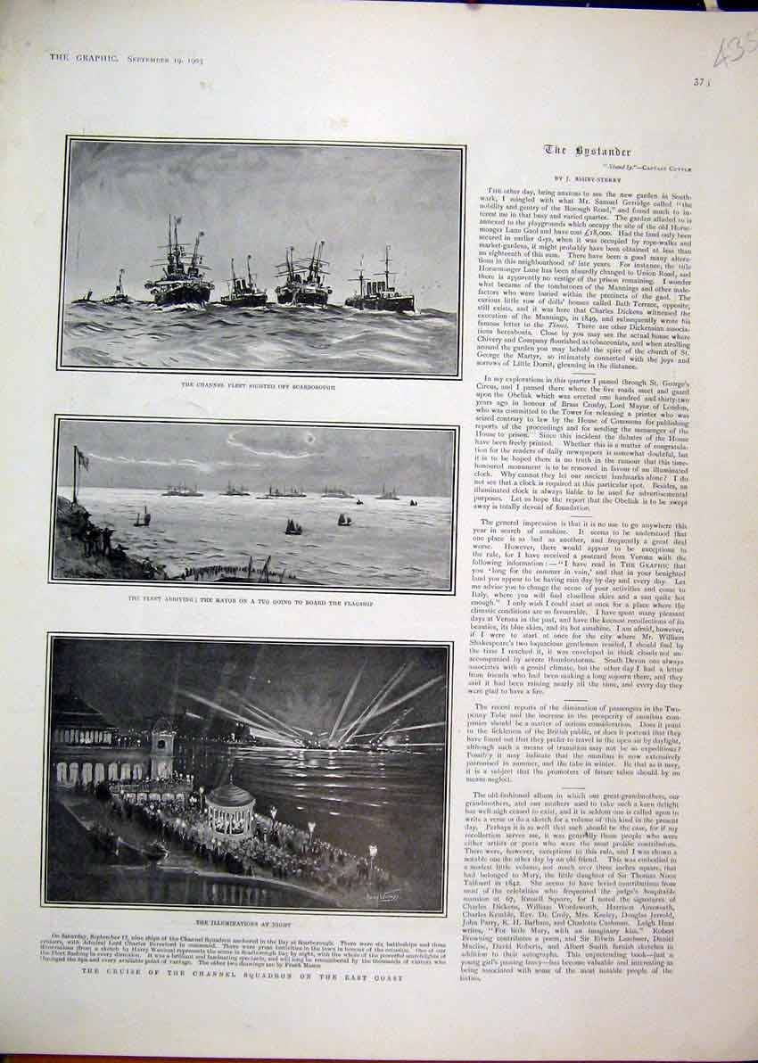 Original Old Antique Print 1903 Channel Fleet Illuminations Night Mayor Flagship