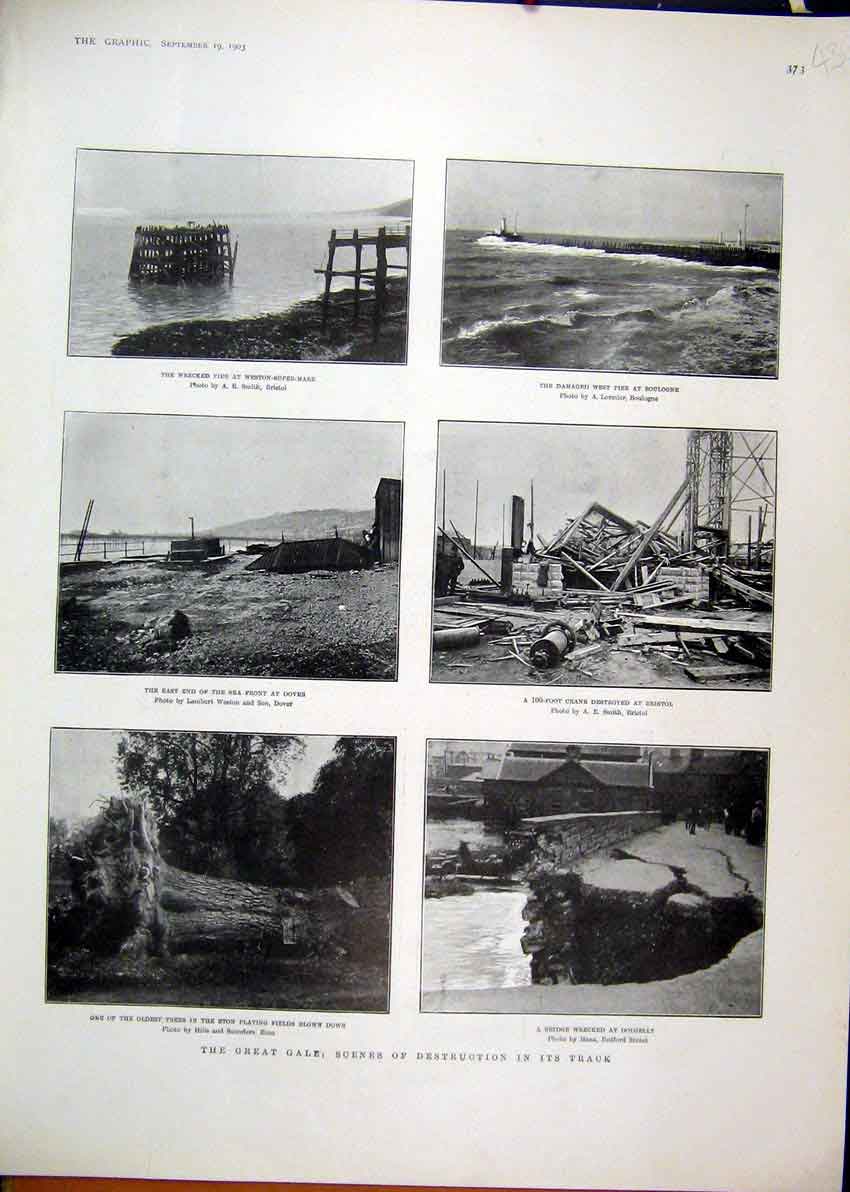 Old Antique Print Destruction Gale 1903 Pier Dover Boulogne Crane Bristol 20th