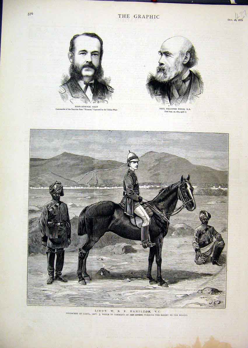 Original Old Antique Print 1879 Lieut Hamilton Cabul Horse Falconer Poole Gran