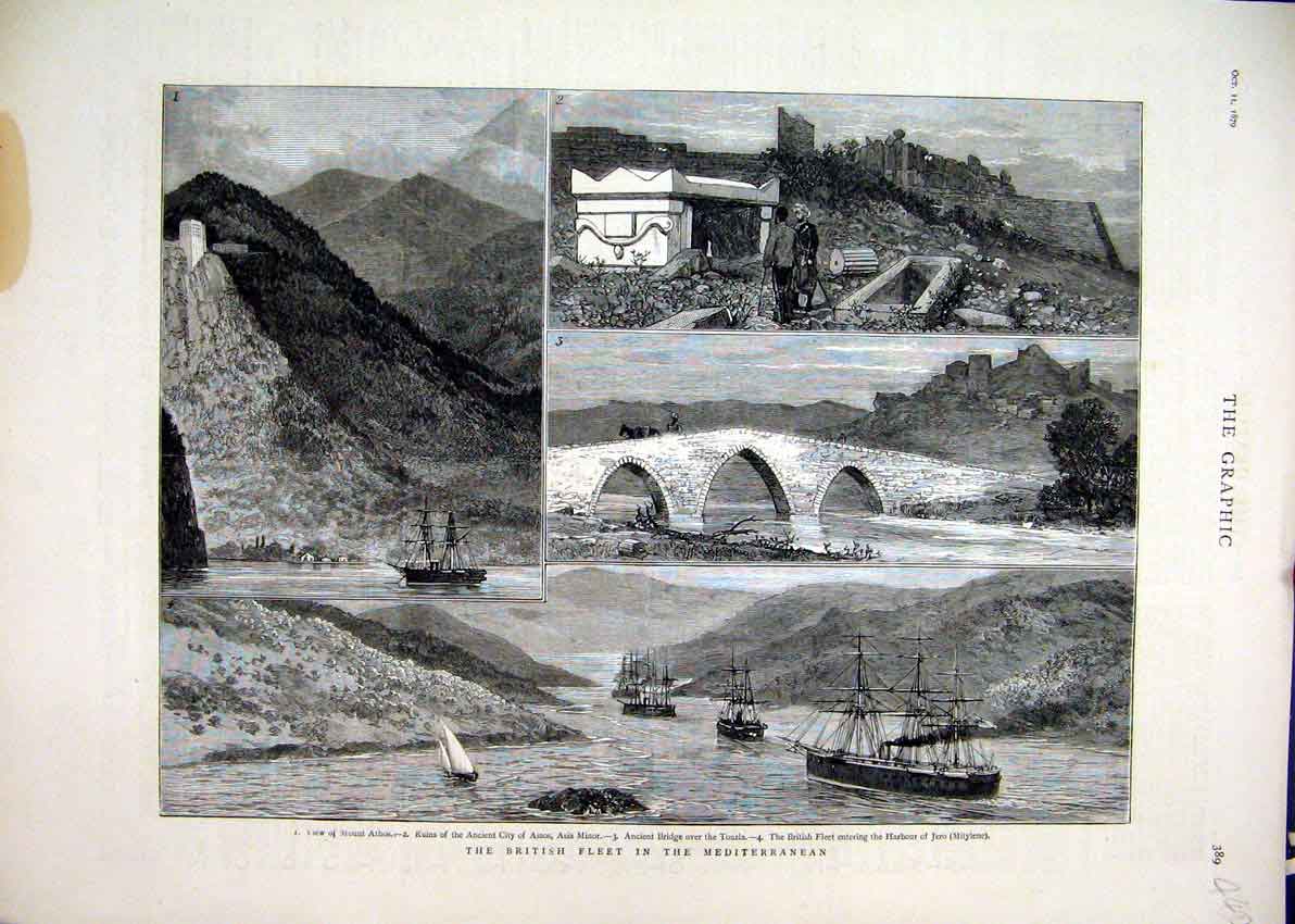 Original Old Antique Print 1879 British Fleet Mediterranean Bridge Touzla Athos